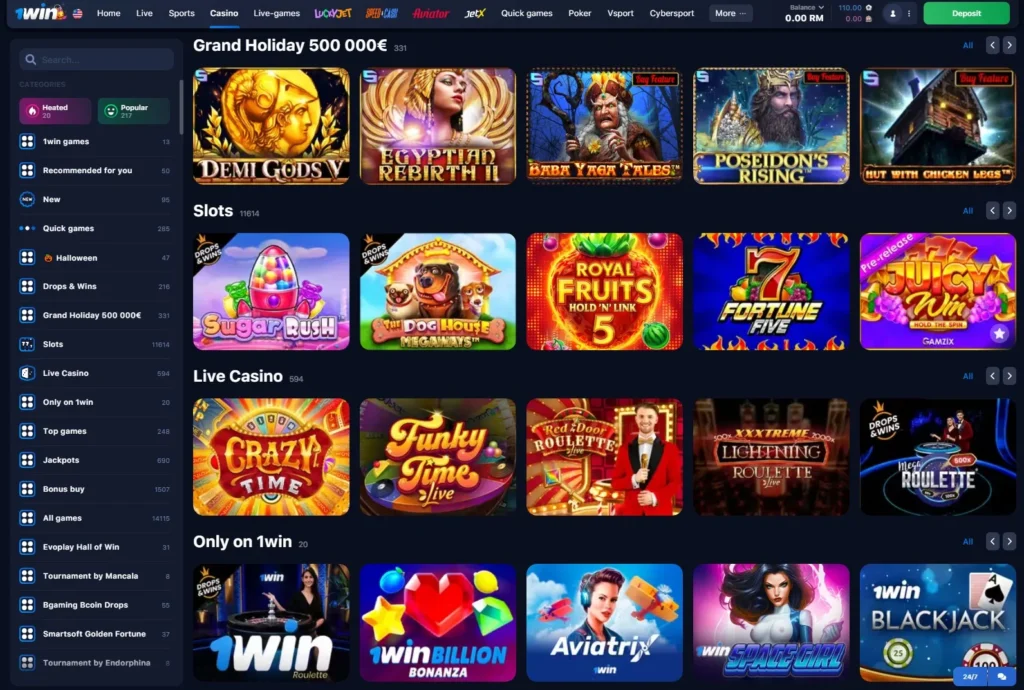 1WIN Online Casino oyun lobisi