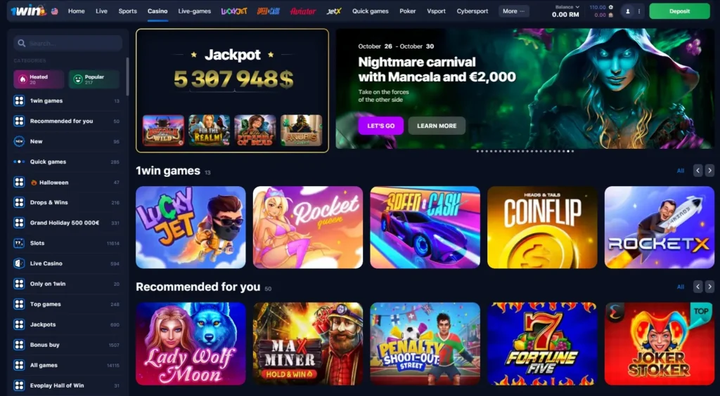 1WIN Çevrimiçi Casino oyun lobisi