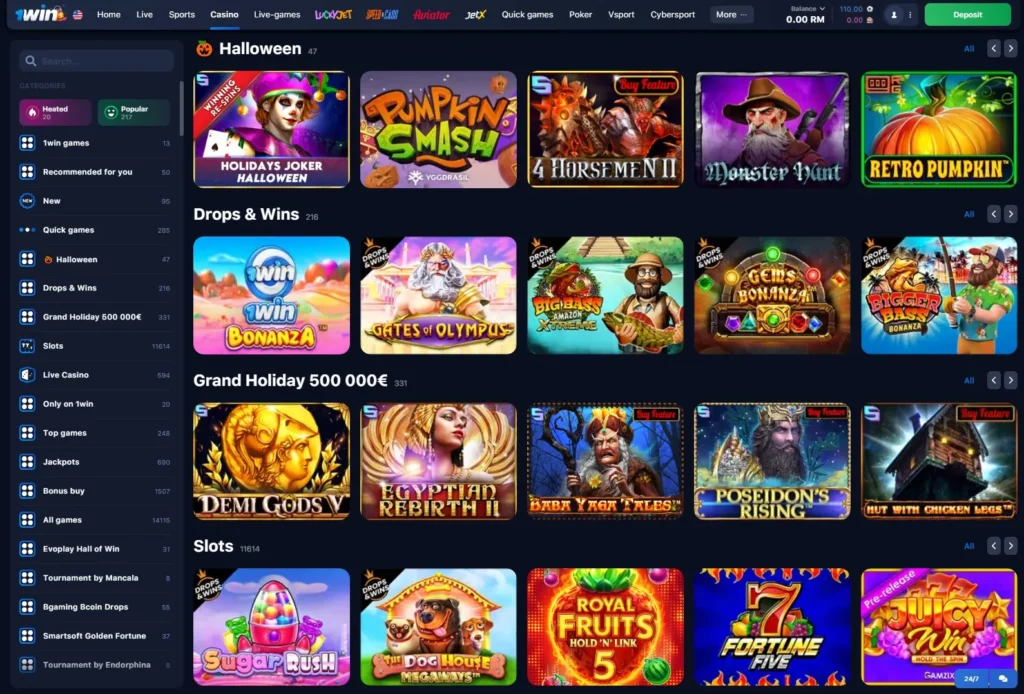 1WIN Online Casino oyun lobisi