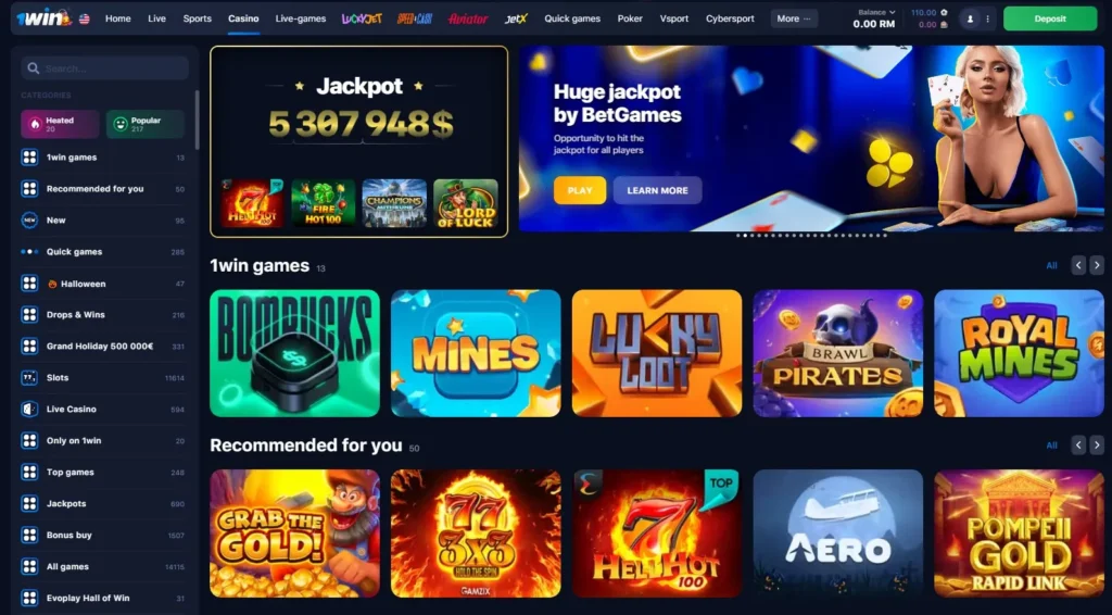 1WIN Çevrimiçi Casino oyunları lobisi